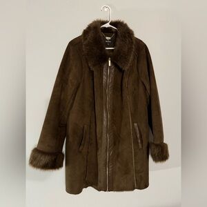 VTG DENNIS BASSO Brown Faux Fur Trimmed Coat Sherpa Warm Boho Eskimo Size XL